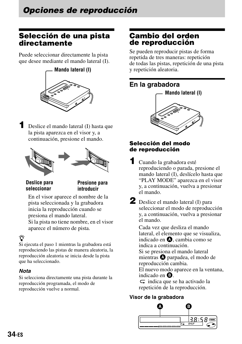 Opciones de reproducción, Selección de una pista directamente, Cambio del orden dereproducción | En la grabadora, Cambio del orden de reproducción | Sony MZ-R900 User Manual | Page 104 / 212