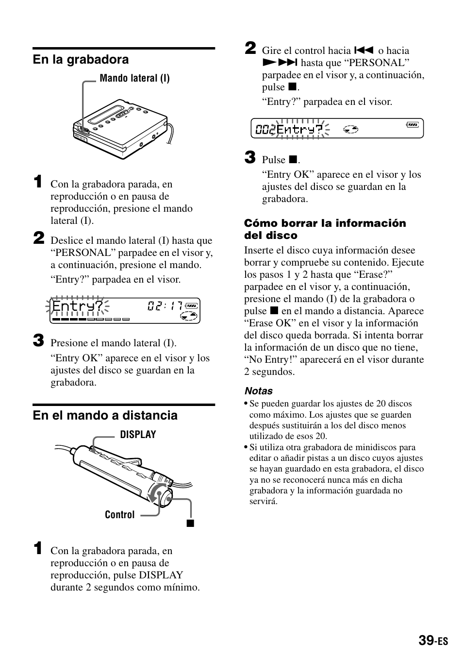 En la grabadora, En el mando a distancia | Sony MZ-R900 User Manual | Page 109 / 212