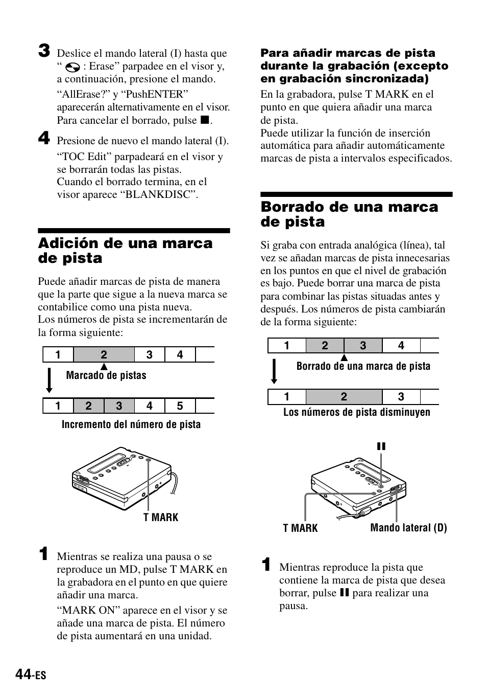 Adición de una marca de pista, Borrado de una marca de pista | Sony MZ-R900 User Manual | Page 114 / 212