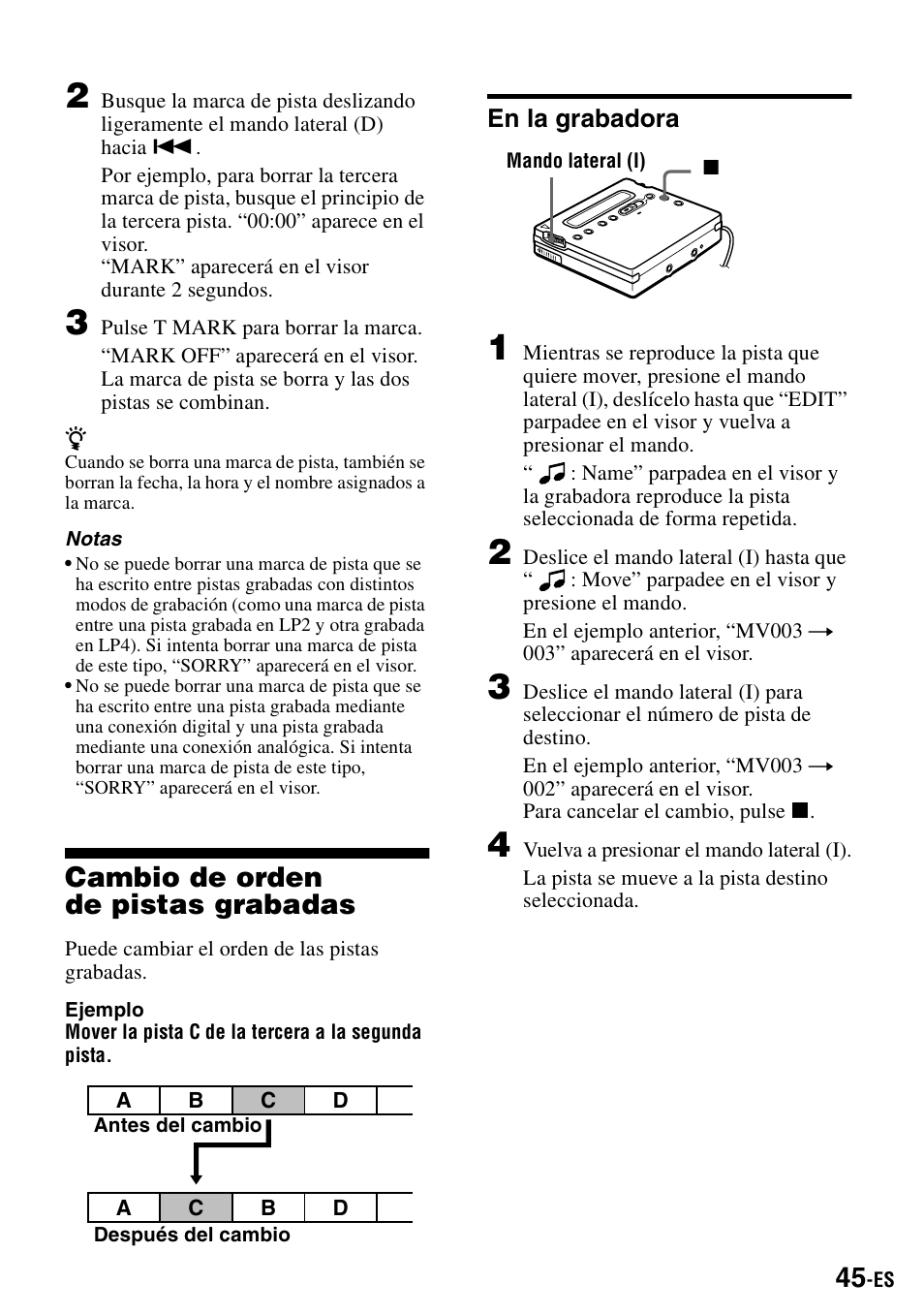 Cambio de orden depistas grabadas, En la grabadora, Cambio de orden de pistas grabadas | Sony MZ-R900 User Manual | Page 115 / 212