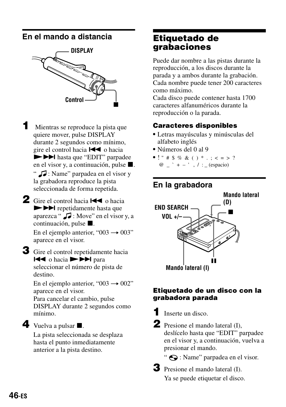 En el mando a distancia, Etiquetado de grabaciones, En la grabadora | Sony MZ-R900 User Manual | Page 116 / 212