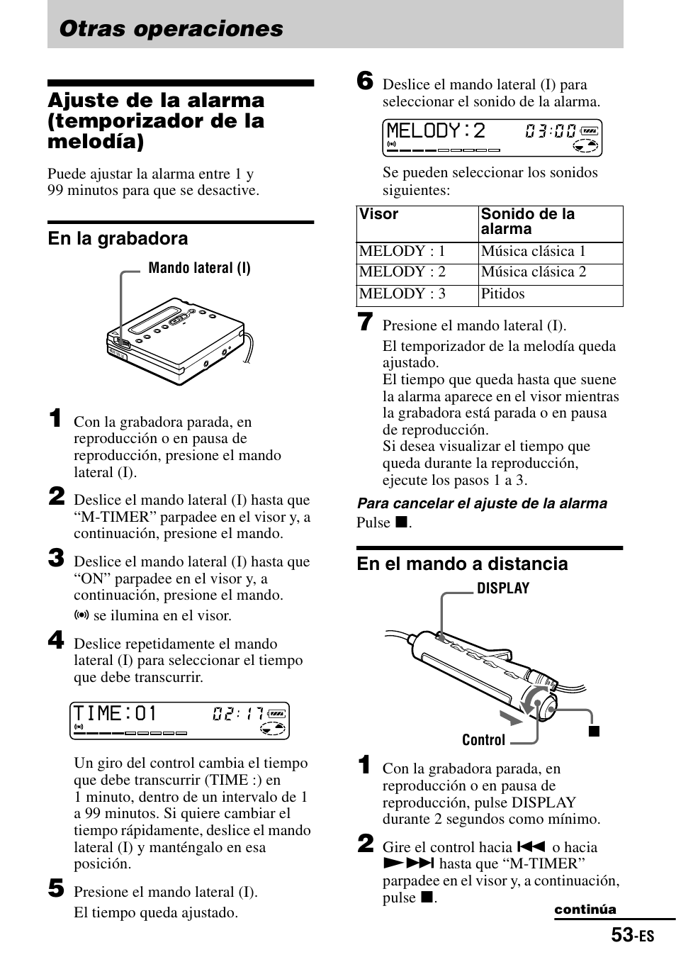 Otras operaciones, Ajuste de la alarma (temporizador de la melodía), En la grabadora | En el mando a distancia | Sony MZ-R900 User Manual | Page 123 / 212