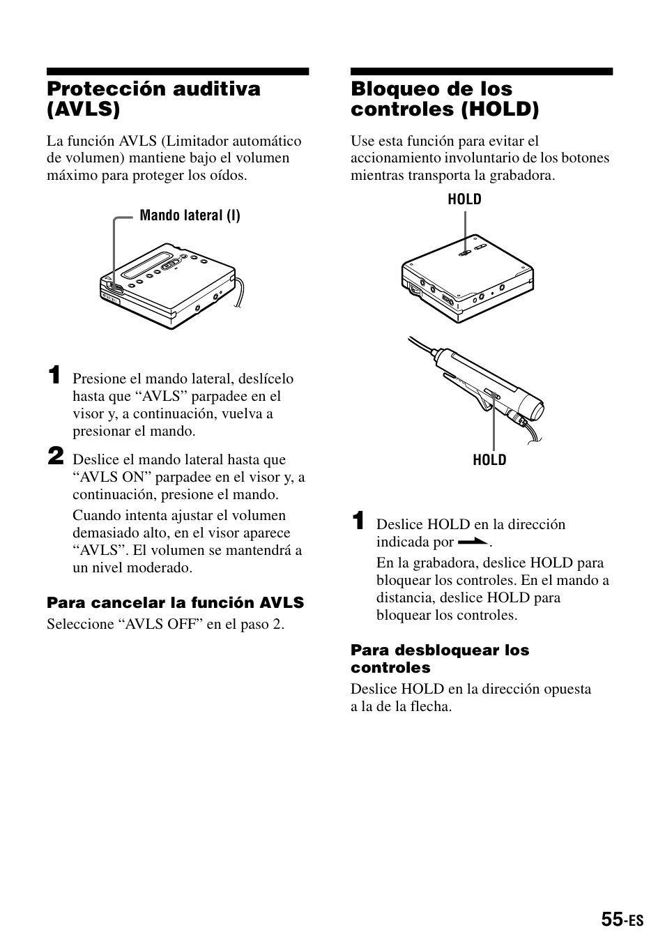Protección auditiva (avls), Bloqueo de los controles (hold) | Sony MZ-R900 User Manual | Page 125 / 212