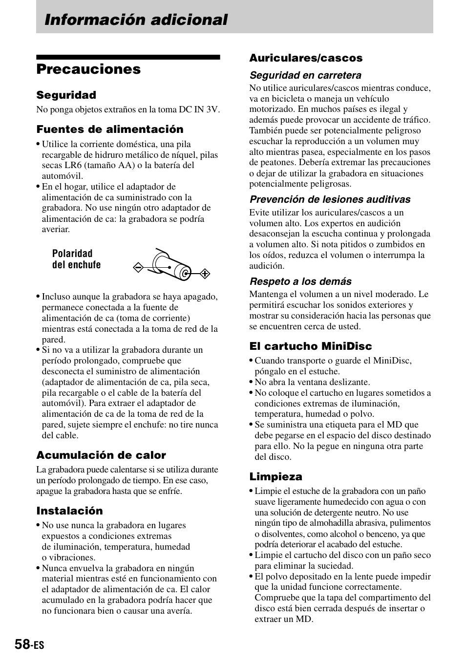 Información adicional, Precauciones | Sony MZ-R900 User Manual | Page 128 / 212