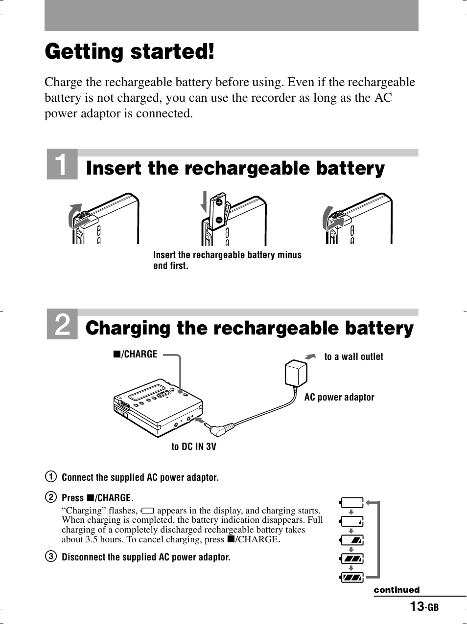 Getting started, Tment (1, Jack (1 | Tion (1, Insert the rechargeable battery, Charging the rechargeable battery | Sony MZ-R900 User Manual | Page 13 / 212
