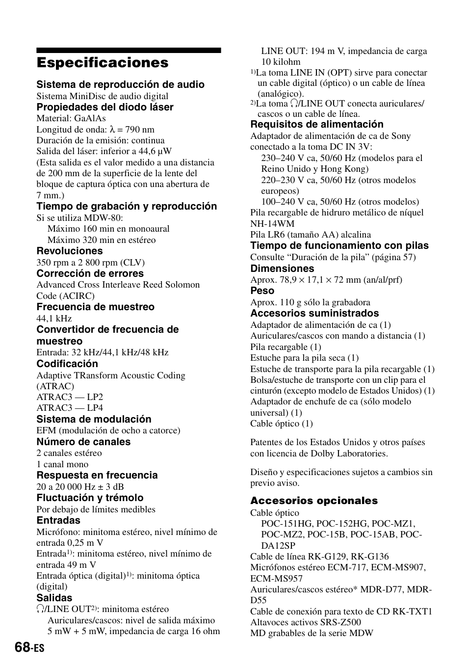 Especificaciones | Sony MZ-R900 User Manual | Page 138 / 212