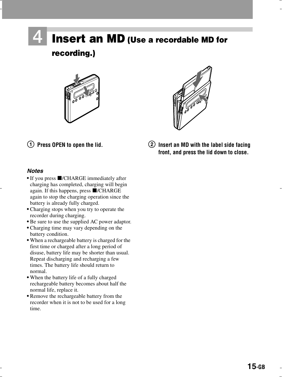 Ton (1, Insert an md, Use a recordable md for recording.) | Sony MZ-R900 User Manual | Page 15 / 212