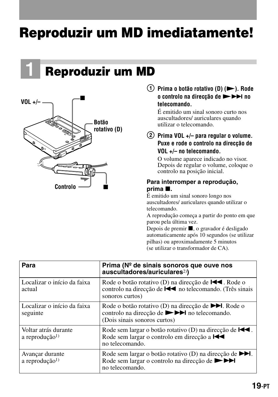 Reproduzir um md imediatamente, Reproduzir um md | Sony MZ-R900 User Manual | Page 159 / 212