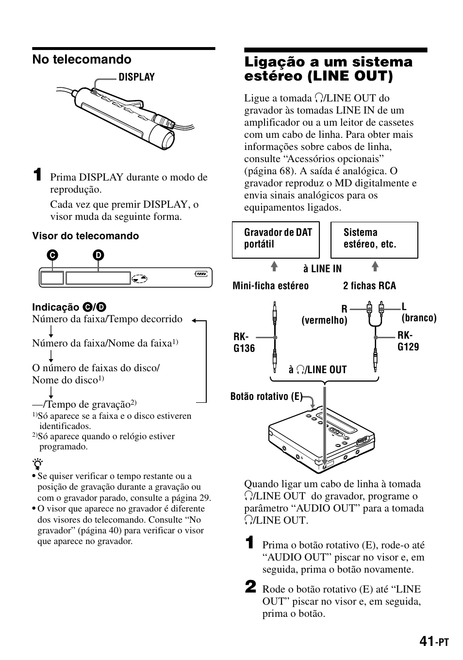 No telecomando, Ligação a um sistema estéreo (line out) | Sony MZ-R900 User Manual | Page 181 / 212