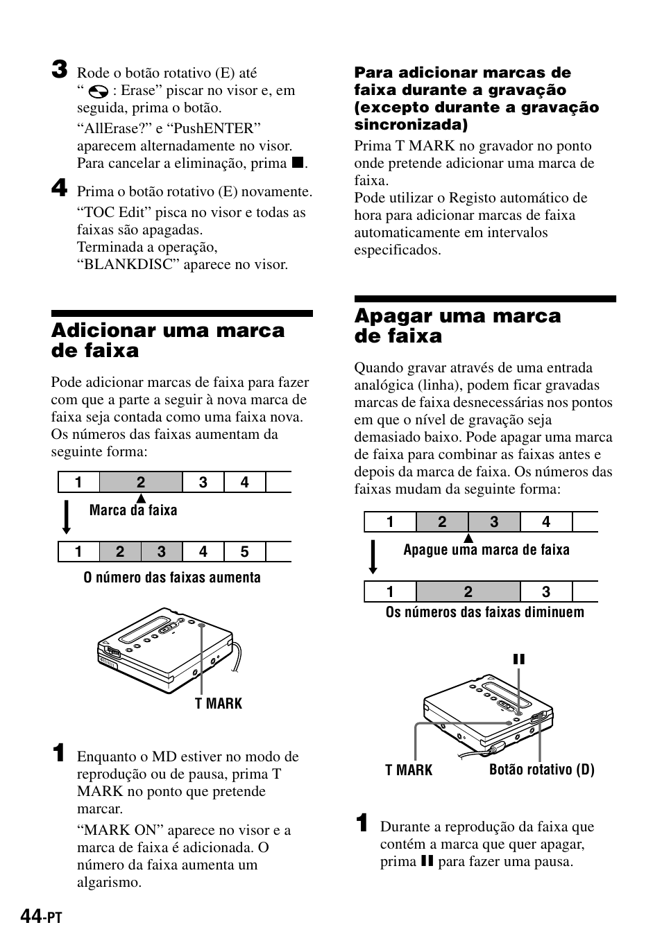 Adicionar uma marca de faixa, Apagar uma marca defaixa, Apagar uma marca de faixa | Sony MZ-R900 User Manual | Page 184 / 212