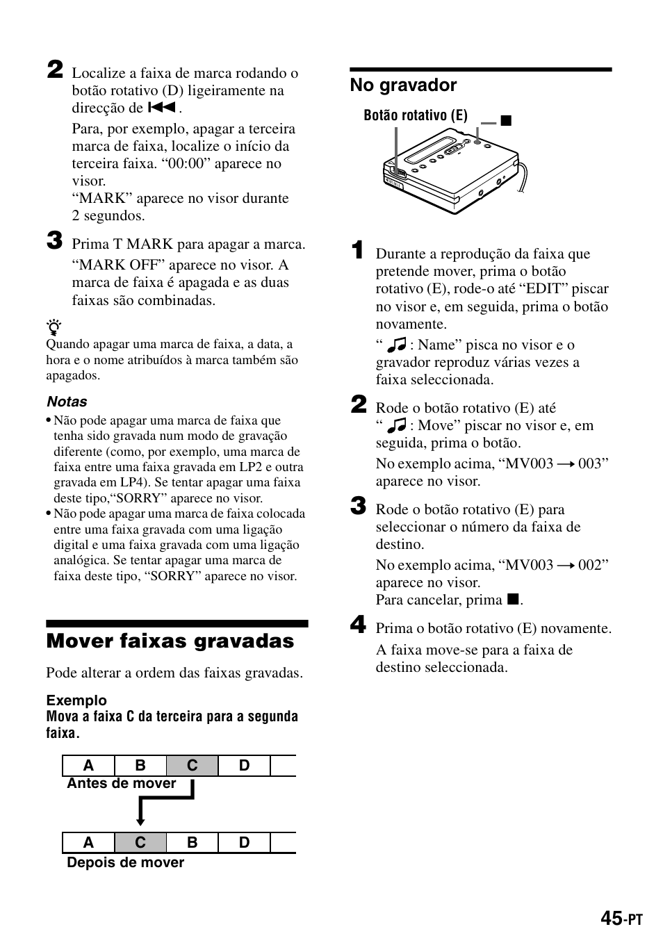 Mover faixas gravadas, No gravador | Sony MZ-R900 User Manual | Page 185 / 212