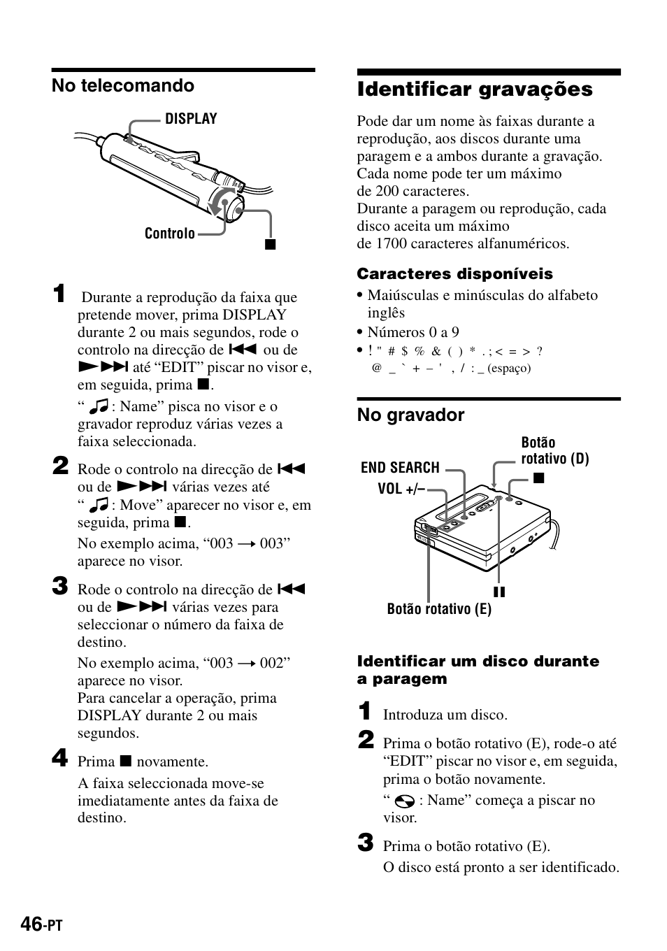 No telecomando, Identificar gravações, No gravador | Sony MZ-R900 User Manual | Page 186 / 212