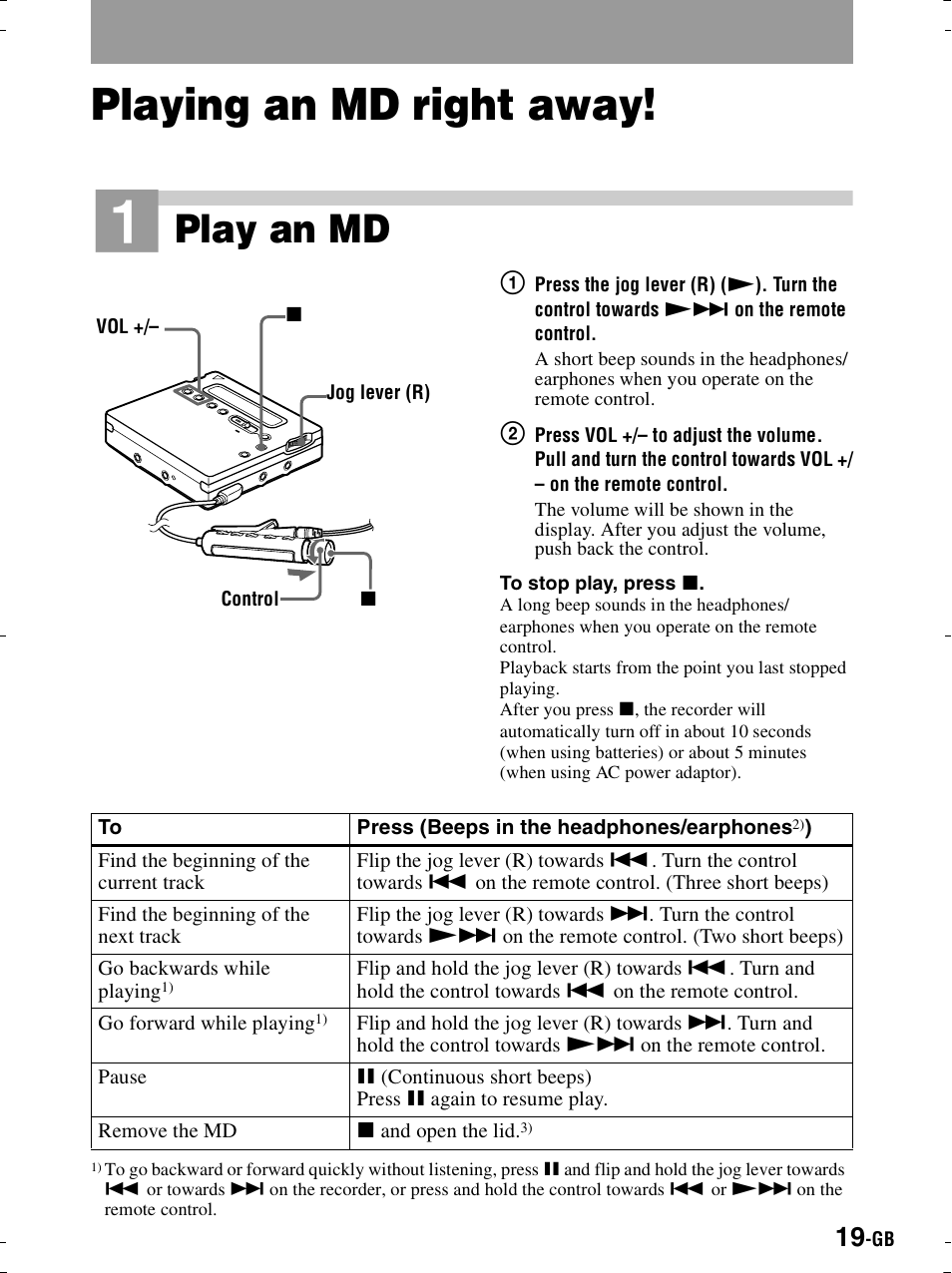 Playing an md right away, Ton (1, Play an md | Sony MZ-R900 User Manual | Page 19 / 212