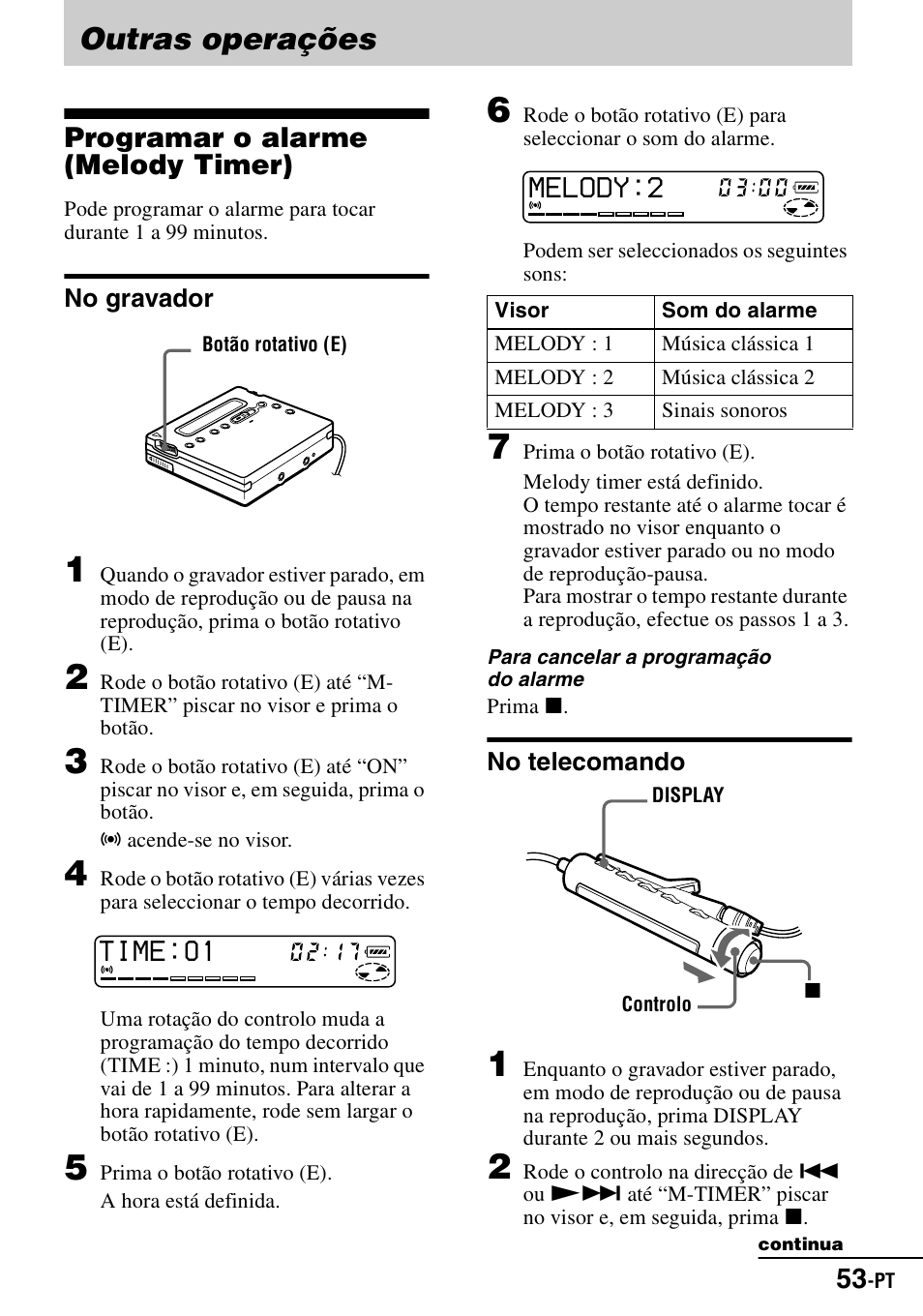 Outras operações, Programar o alarme (melody timer), No gravador | No telecomando | Sony MZ-R900 User Manual | Page 193 / 212