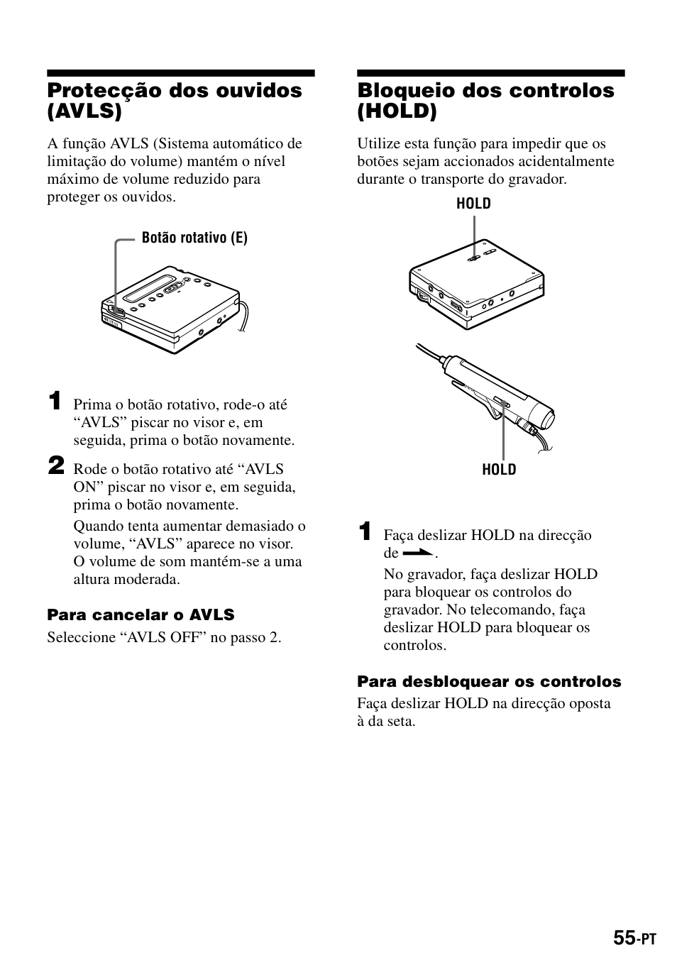 Protecção dos ouvidos (avls), Bloqueio dos controlos (hold) | Sony MZ-R900 User Manual | Page 195 / 212