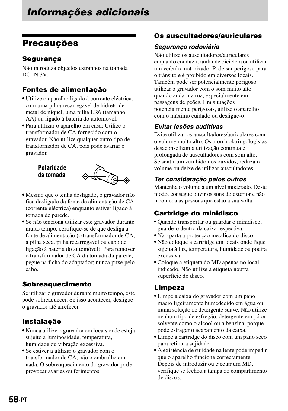 Informações adicionais, Precauções | Sony MZ-R900 User Manual | Page 198 / 212