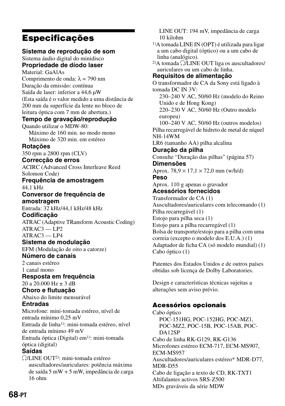 Especificações | Sony MZ-R900 User Manual | Page 208 / 212