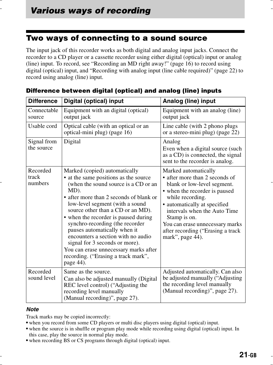 Various ways of recording, Two ways of connecting to a sound source | Sony MZ-R900 User Manual | Page 21 / 212