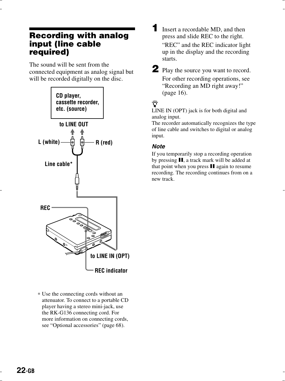 Recording with analog input (line cable required) | Sony MZ-R900 User Manual | Page 22 / 212