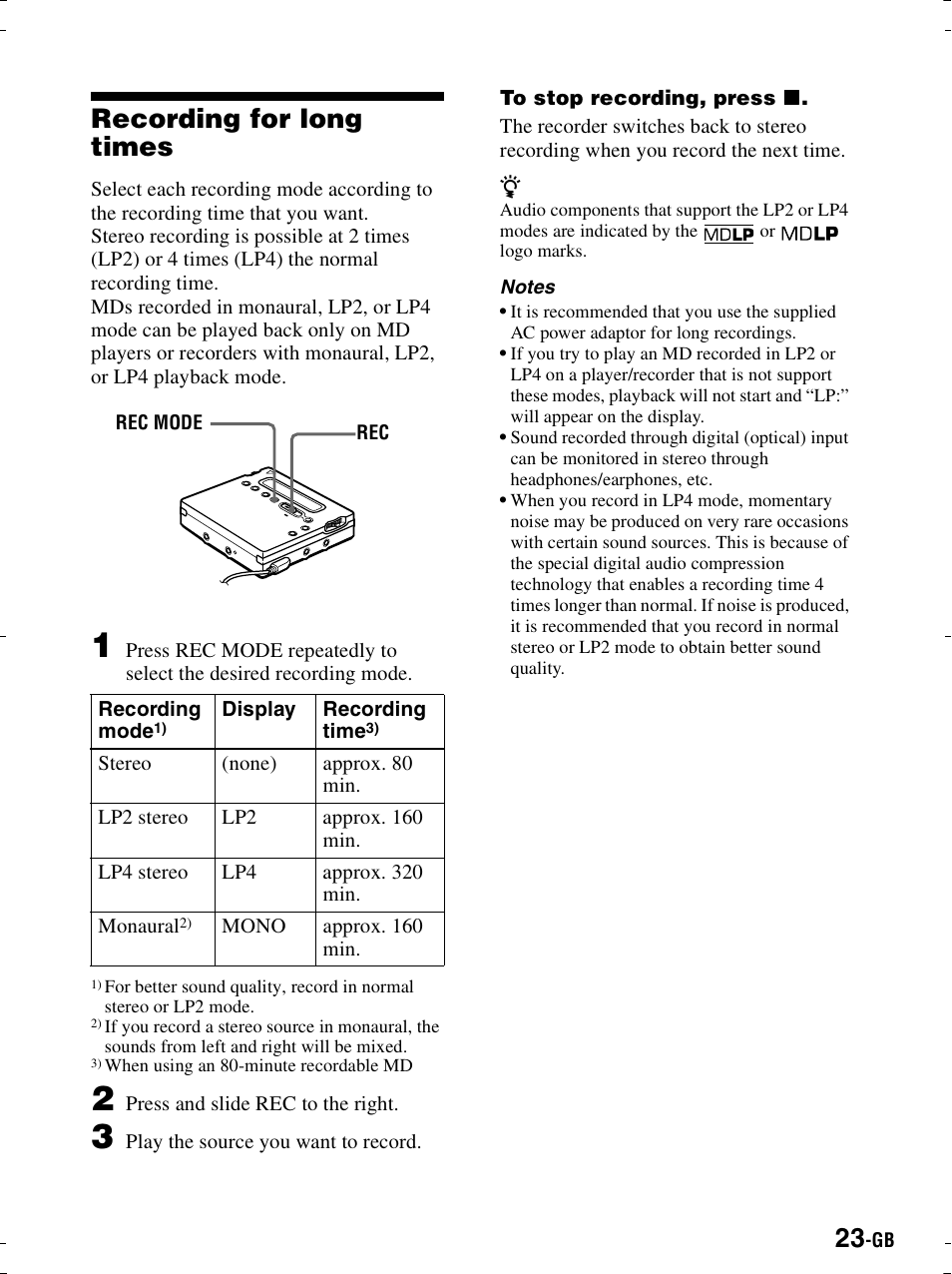 Recording for long times, Tton (2, Tion (2 | Sony MZ-R900 User Manual | Page 23 / 212