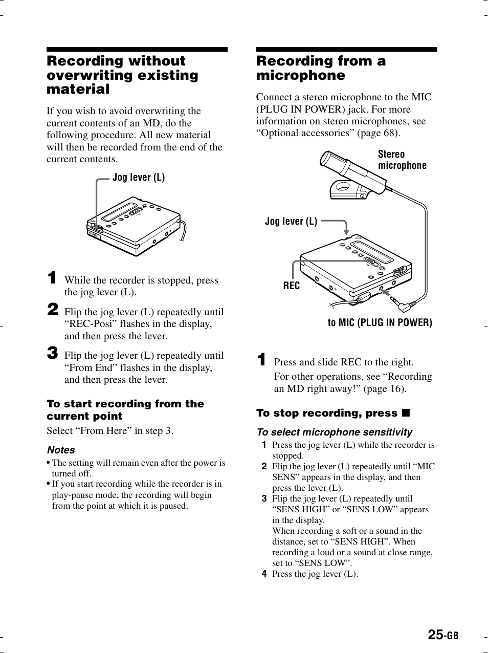 Recording without overwriting existing material, Recording from a microphone, Jack | Sony MZ-R900 User Manual | Page 25 / 212