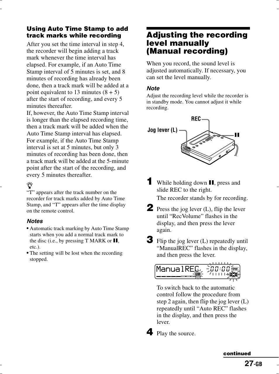 Nually (“ adjusti, Manualrec | Sony MZ-R900 User Manual | Page 27 / 212