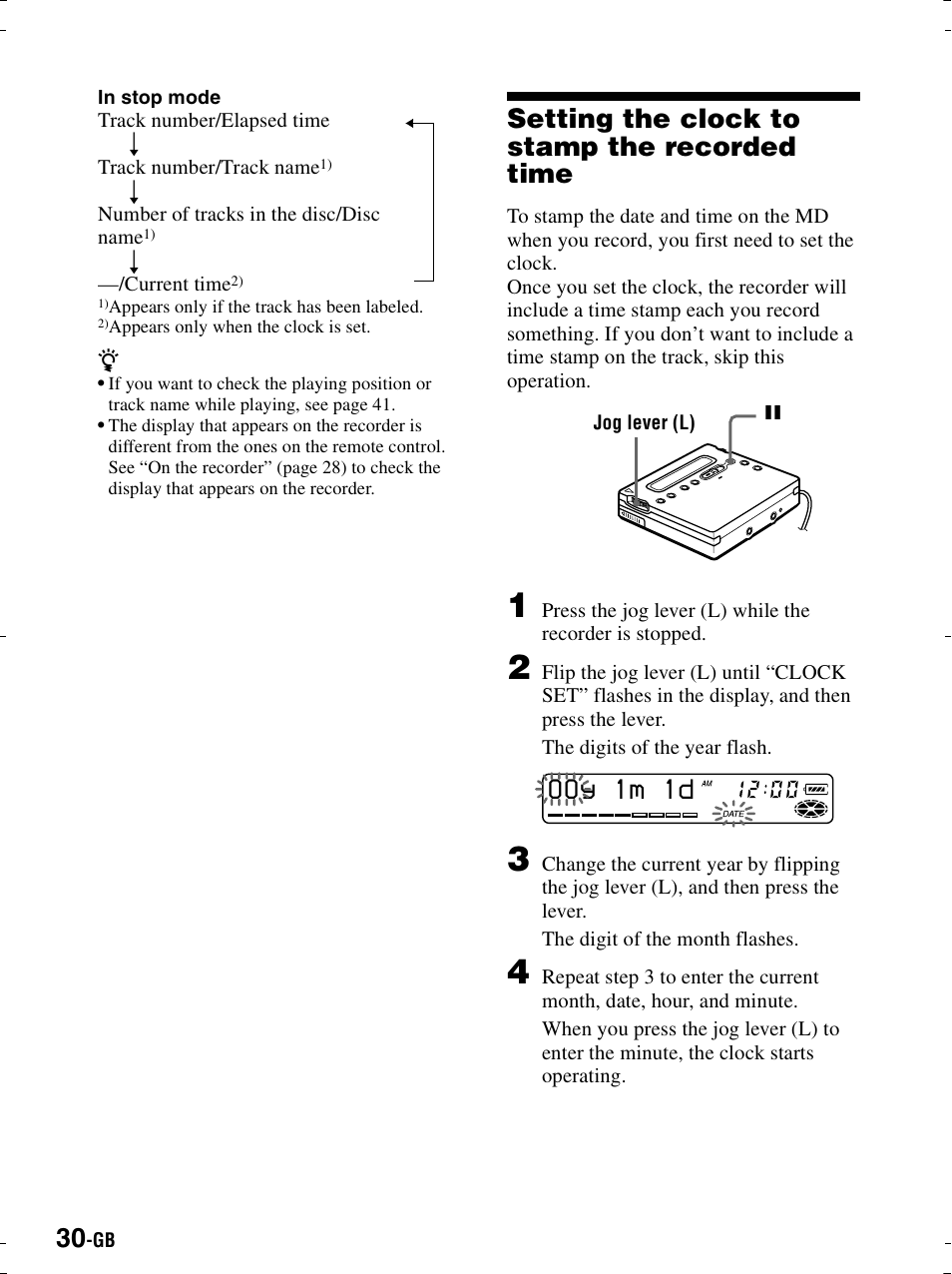 Setting the clock to stamp the recorded time, Tion, 00y 1m 1d | Sony MZ-R900 User Manual | Page 30 / 212