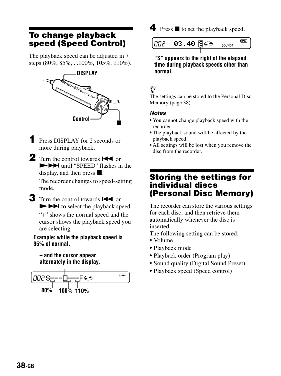 To change playback speed (speed control) | Sony MZ-R900 User Manual | Page 38 / 212