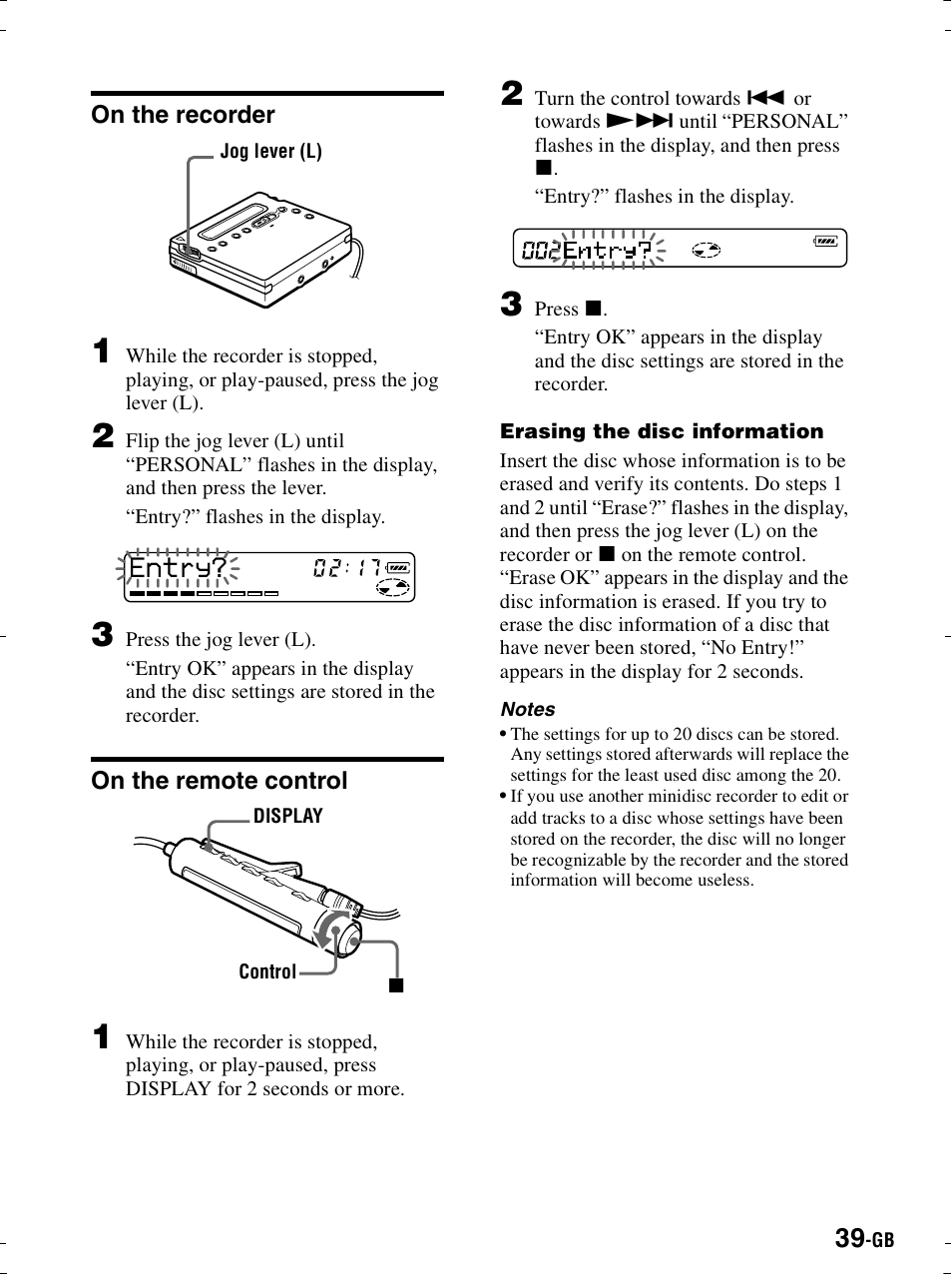 On the recorder, On the remote control | Sony MZ-R900 User Manual | Page 39 / 212