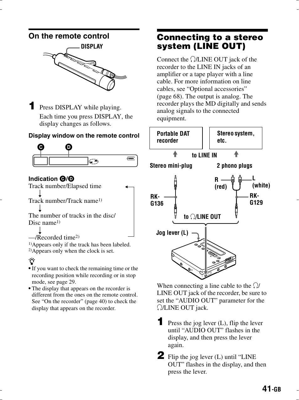 On the remote control, Connecting to a stereo system (line out) | Sony MZ-R900 User Manual | Page 41 / 212