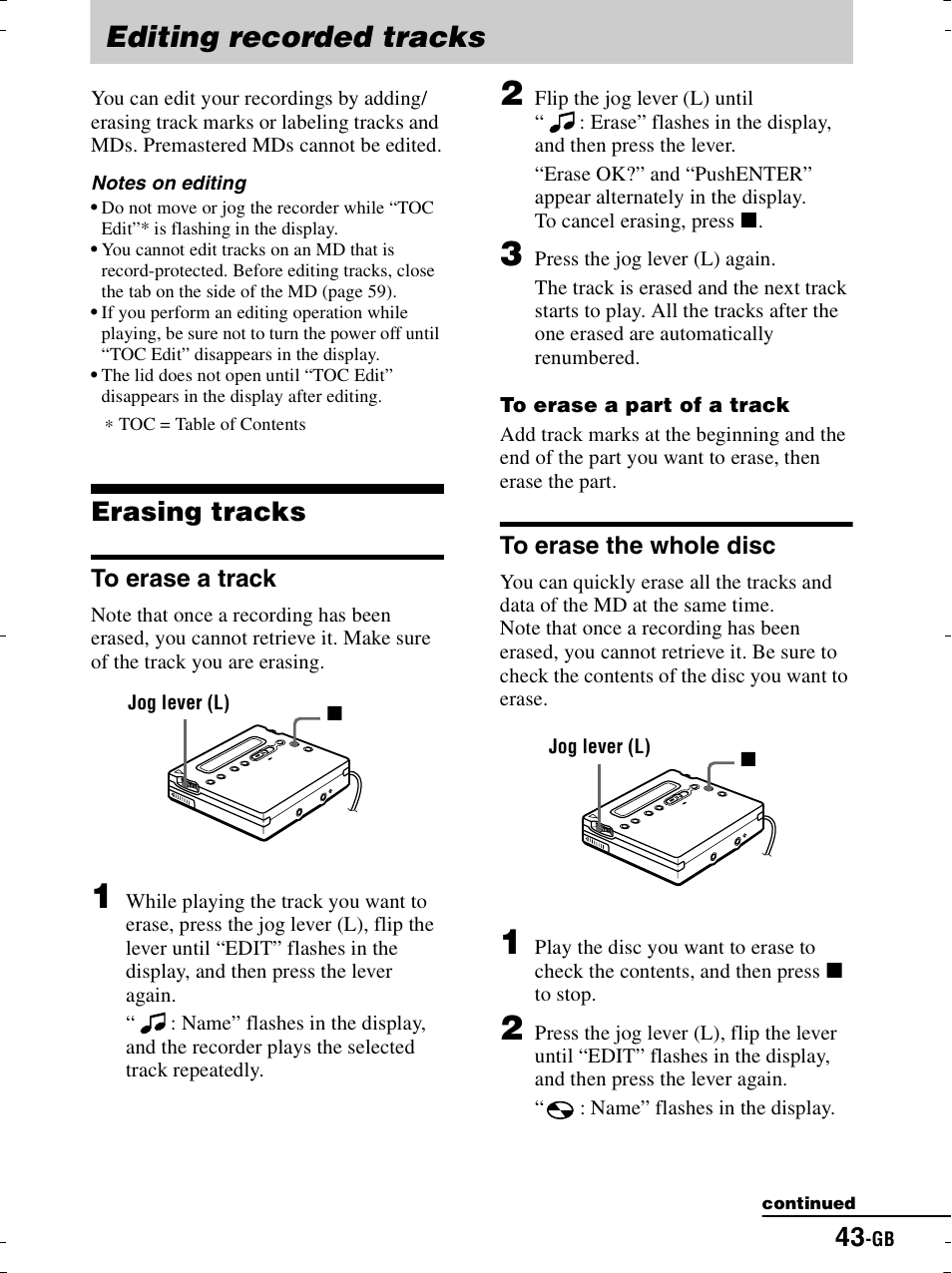 Editing recorded tracks, Erasing tracks, To erase a track | To erase the whole disc | Sony MZ-R900 User Manual | Page 43 / 212