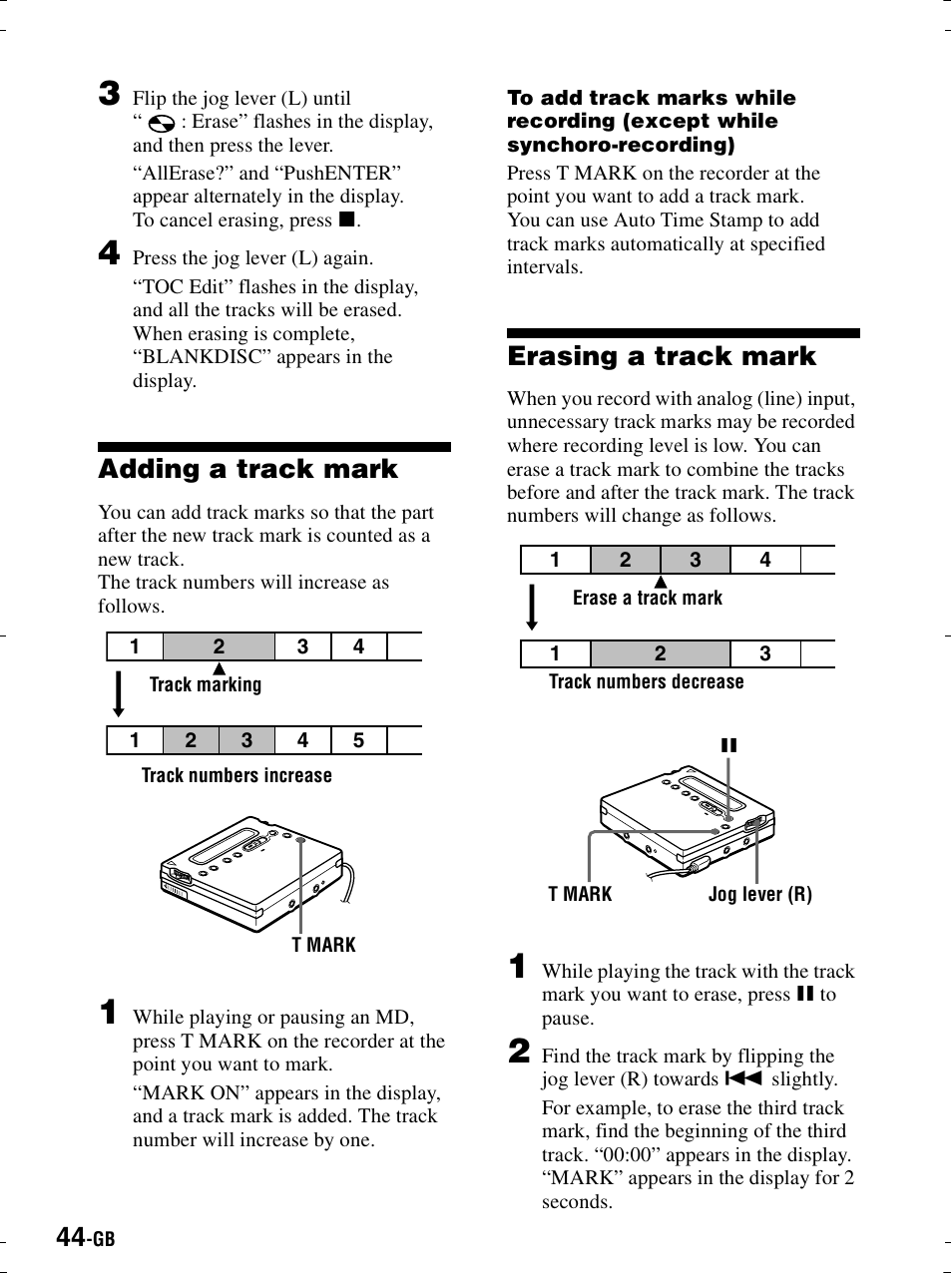 Adding a track mark, Erasing a track mark, Ton (4 | Ing (“ erasing a trac | Sony MZ-R900 User Manual | Page 44 / 212