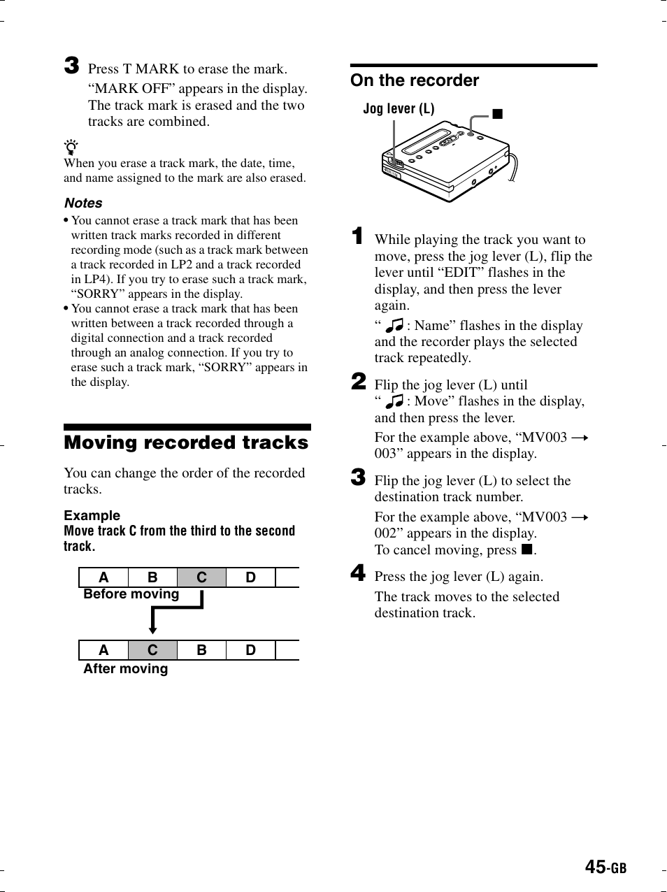 Moving recorded tracks, On the recorder | Sony MZ-R900 User Manual | Page 45 / 212