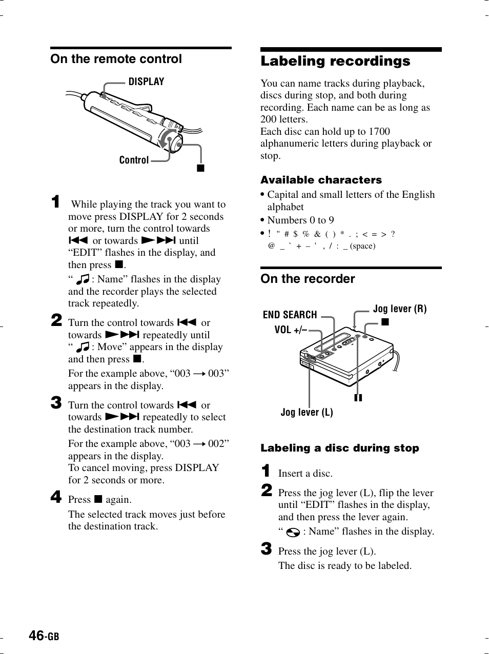 On the remote control, Labeling recordings, On the recorder | Sony MZ-R900 User Manual | Page 46 / 212