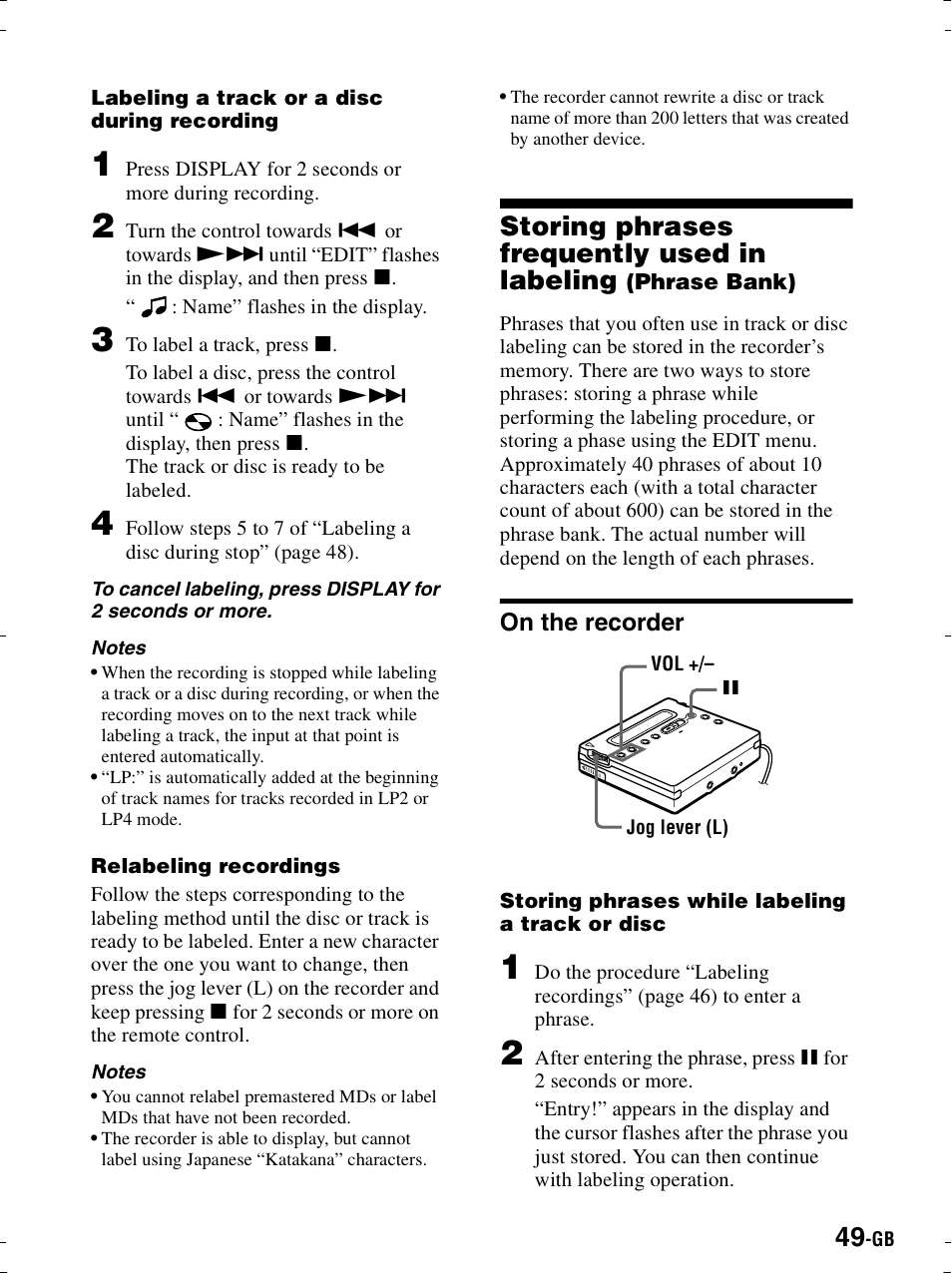 On the recorder, Storing phrases frequently used in labeling | Sony MZ-R900 User Manual | Page 49 / 212