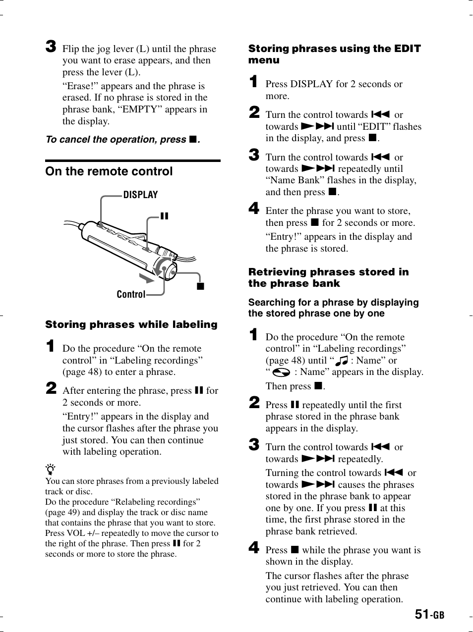 On the remote control | Sony MZ-R900 User Manual | Page 51 / 212