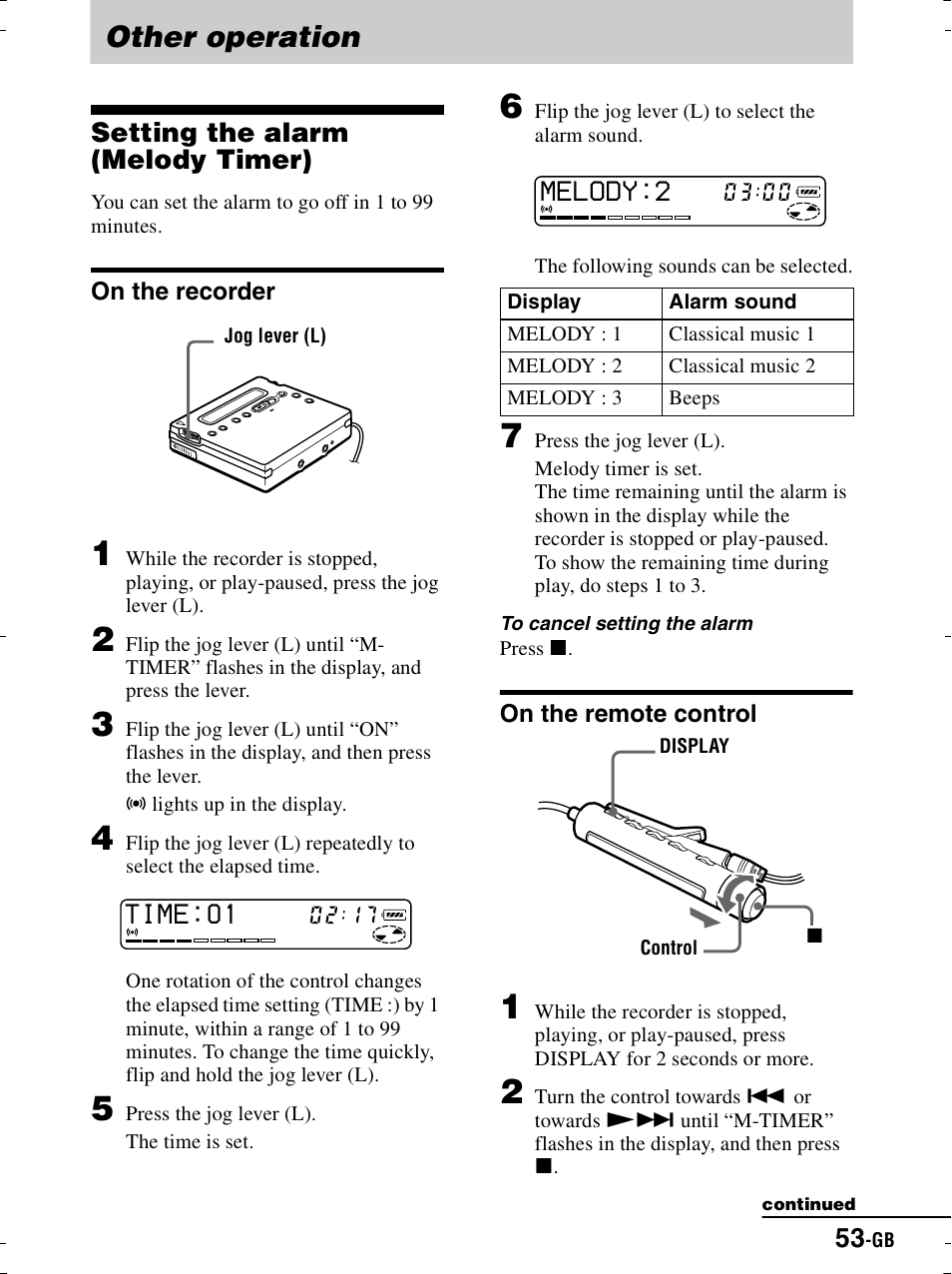 Other operation, Setting the alarm (melody timer), On the recorder | On the remote control, Tion (5 | Sony MZ-R900 User Manual | Page 53 / 212