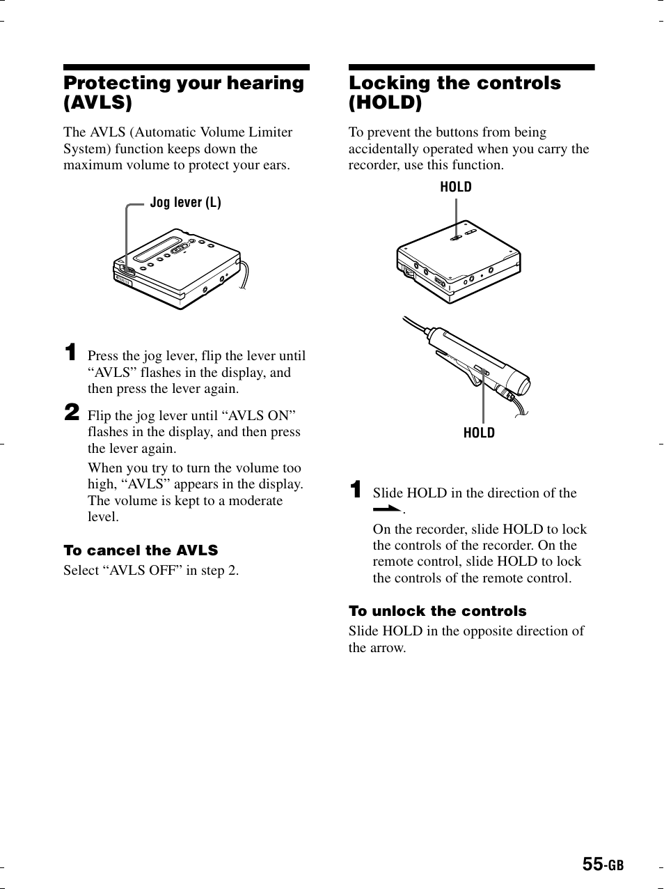 Protecting your hearing (avls), Locking the controls (hold) | Sony MZ-R900 User Manual | Page 55 / 212