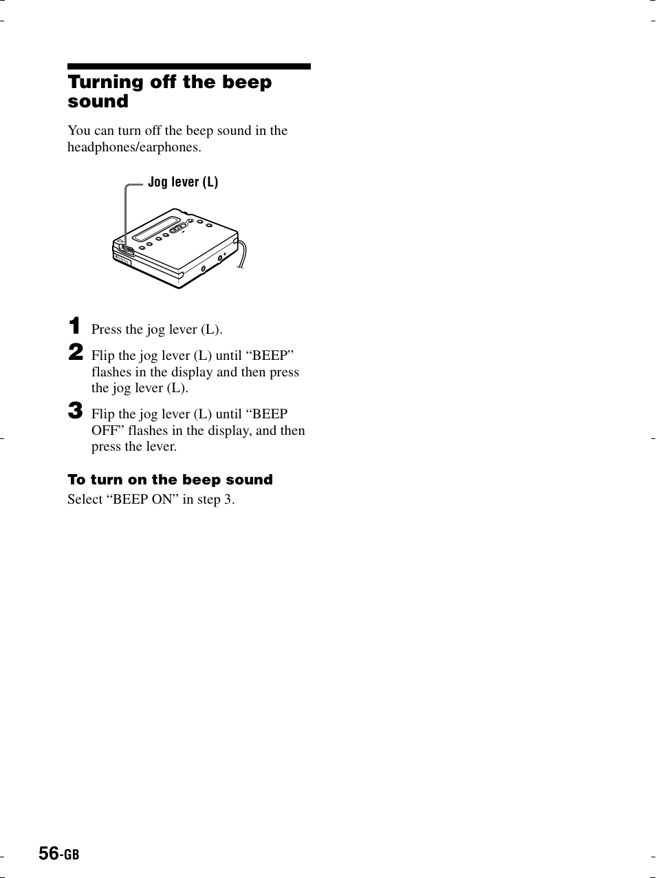 Turning off the beep sound | Sony MZ-R900 User Manual | Page 56 / 212
