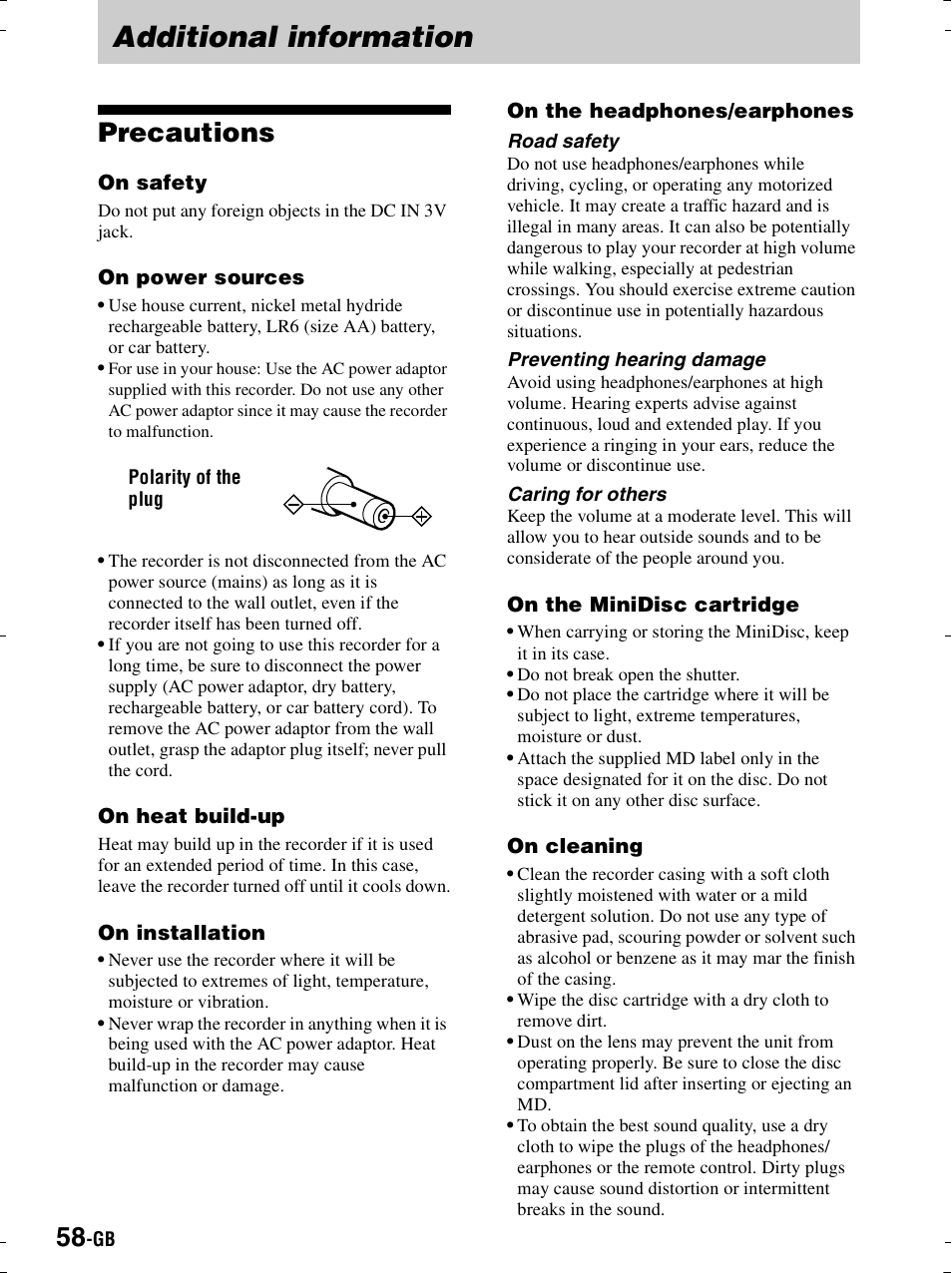 Additional information, Precautions | Sony MZ-R900 User Manual | Page 58 / 212