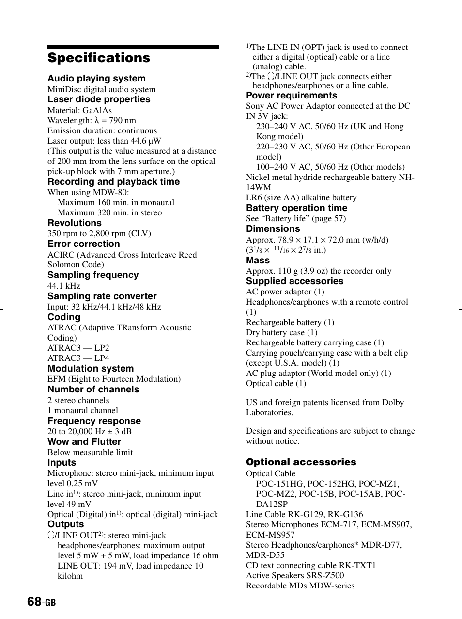 Specifications | Sony MZ-R900 User Manual | Page 68 / 212