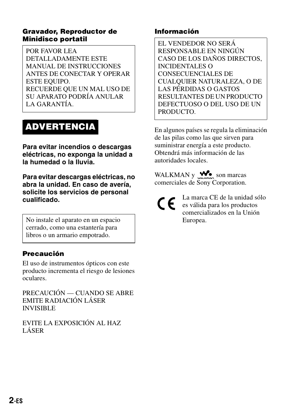 Advertencia | Sony MZ-R900 User Manual | Page 72 / 212