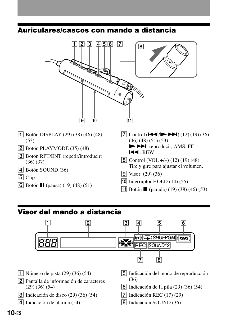 Auriculares/cascos con mando a distancia, Visor del mando a distancia | Sony MZ-R900 User Manual | Page 80 / 212
