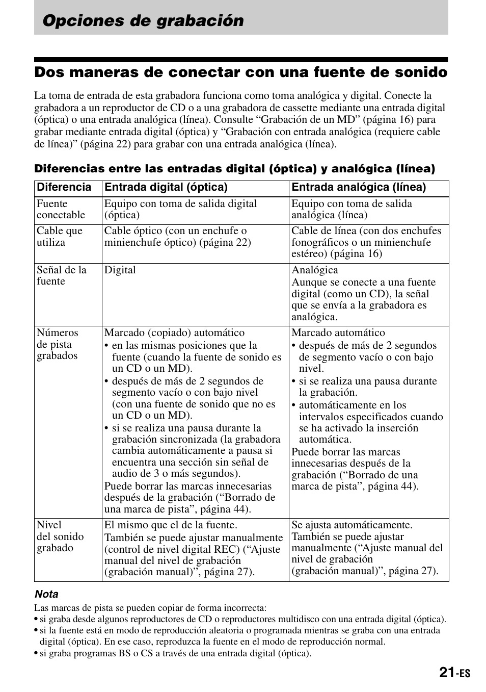 Opciones de grabación, Dos maneras de conectar con una fuente de sonido | Sony MZ-R900 User Manual | Page 91 / 212