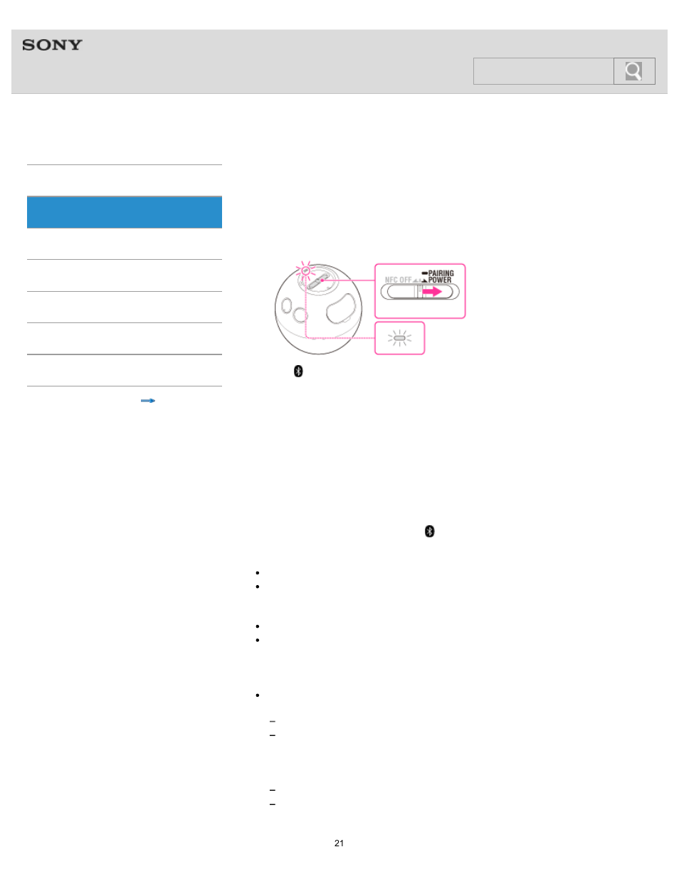 Pairing and connecting with a bluetooth device, Help guide, Search | Sony SRS-BTV5 User Manual | Page 21 / 54