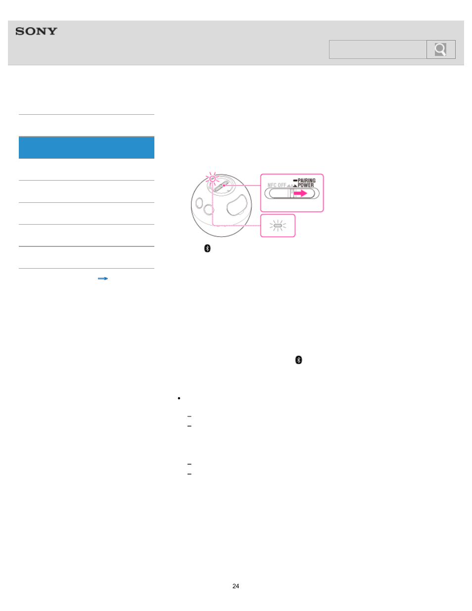 Pairing and connecting with a “walkman, Help guide, Search | Sony SRS-BTV5 User Manual | Page 24 / 54