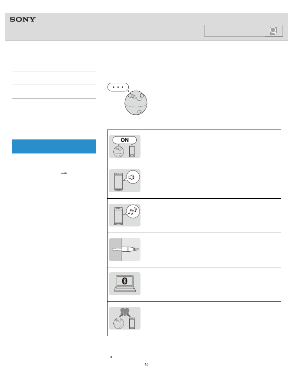 No sound/low sound level, Help guide, Search | Sony SRS-BTV5 User Manual | Page 45 / 54