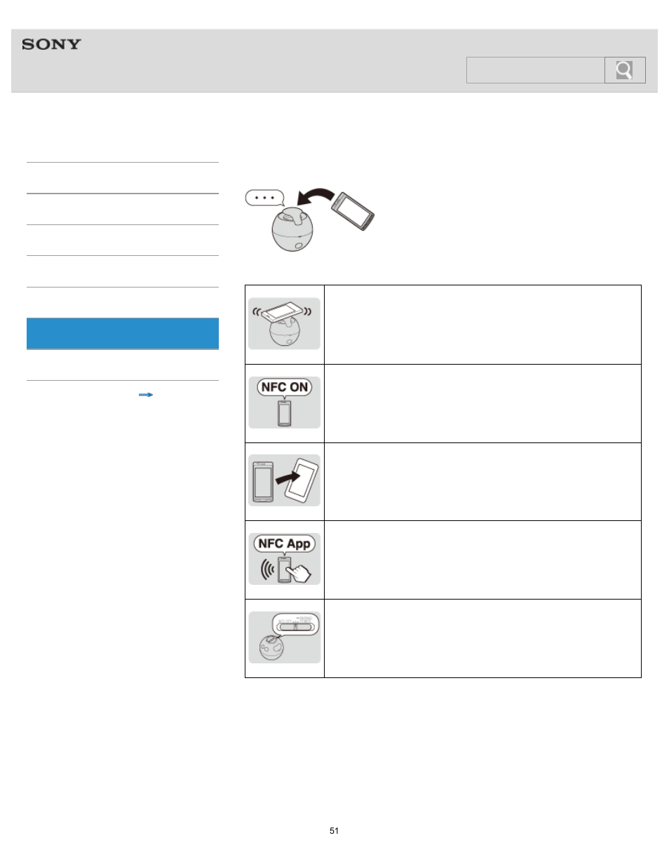 One touch connection (nfc) is not possible, Help guide, Search | Sony SRS-BTV5 User Manual | Page 51 / 54