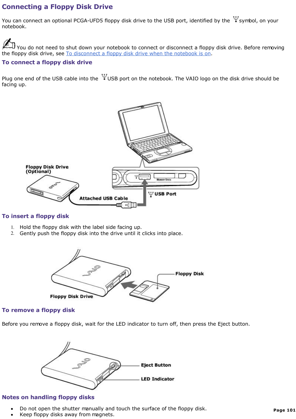 To insert a floppy disk, Connecting a floppy disk drive | Sony PCG-SR33K User Manual | Page 101 / 298