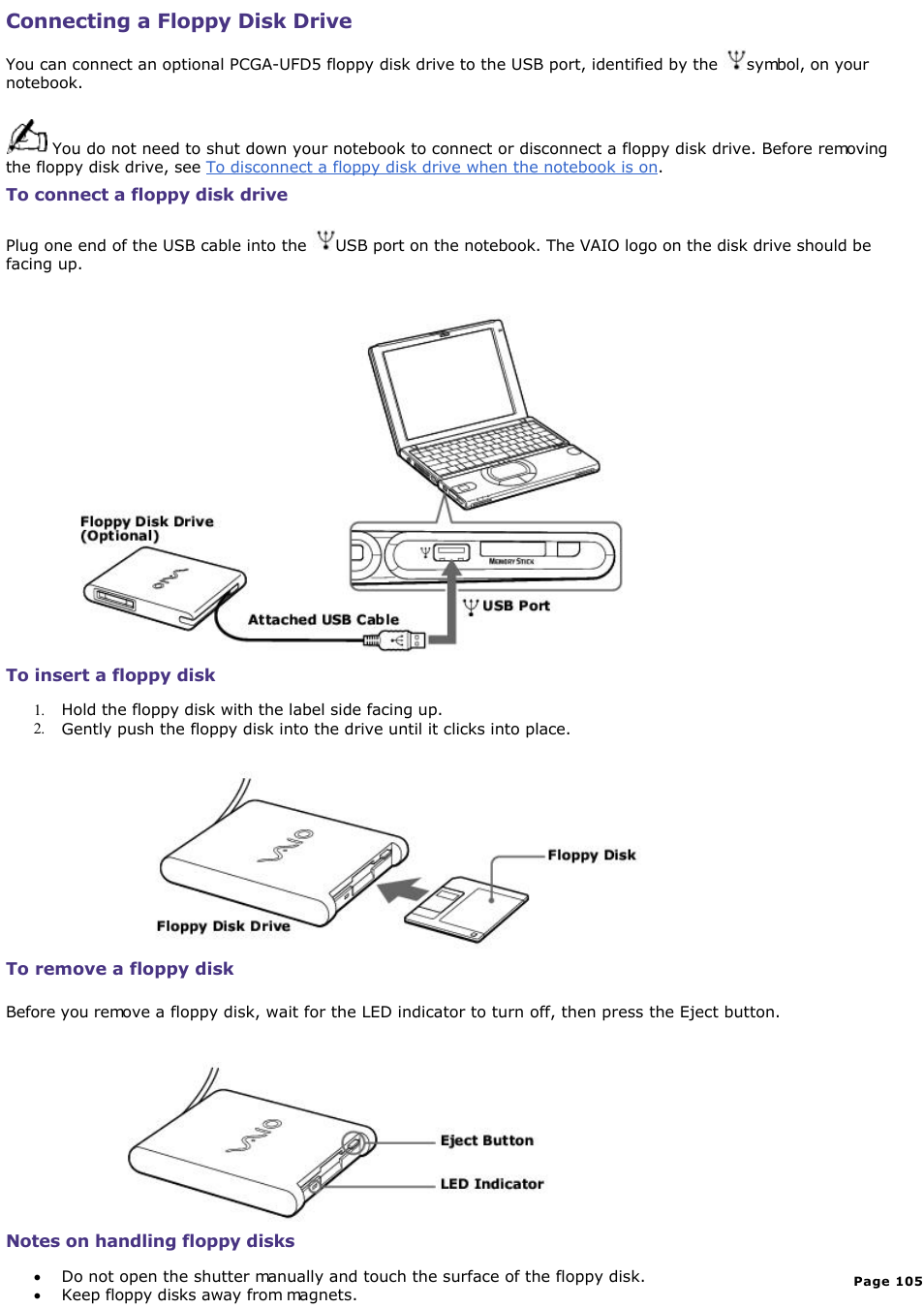 Notes on handling floppy disks, Connecting a floppy disk drive | Sony PCG-SR33K User Manual | Page 105 / 298